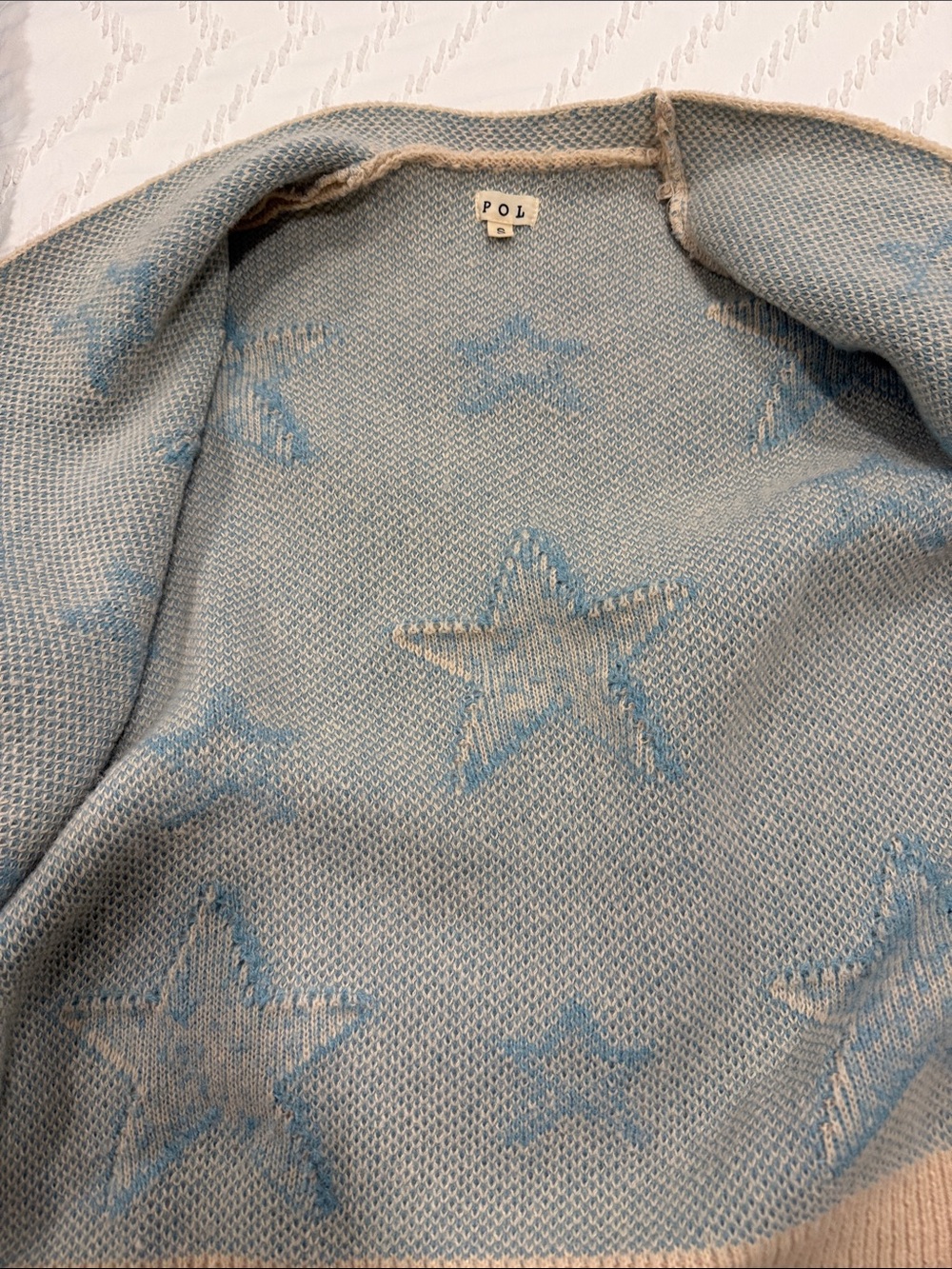 POL Small Oatmeal Blue Star Bouclé Open Front Cardigan Cozy Oversized Boho - Picture 5 of 9